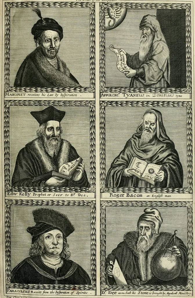 An illustration from A true & faithful relation of what passed for many yeers between Dr. John Dee ... and some spirits : tending (had it succeeded) to a general alteration of most states and kingdomes in the world : his private conferences with Rodolphe Emperor of Germany, Stephen K. of Poland, and divers other princes about it : the particulars of his cause, as it was agitated in the Emperors court, by the Pope's intervention : his banishment and restoration in part : as also the letters of sundry great men and princes (some whereof were present at some of these conferences and apparitions of spirits) to the said D. Dee : out of the original copy, written with Dr. Dees own hand, kept in the library of Sir Tho. Cotton ... : with a preface confirming the reality (as to the point of spirits) of this relation, and shewing the several good uses that a sober Christian may make of all, 1659, leaf 10