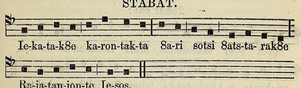 An illustration from Tsiatak nihonon8entsiake onk8e on8e Akoiatonsera : Ionterennaientak8a, teieri8ak8atha ... = Le livre des sept nations, ou, Paroissien iroquois : auquel on a ajouté, pour l'usage de la missin du lac des Deux-Montagnes, quelques cantiques en langue algonquine, 1865, leaf 117