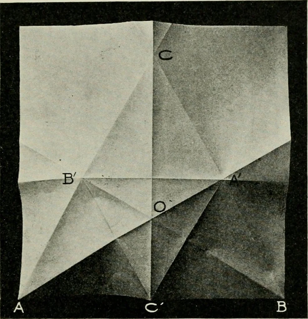 An illustration from T. Sundara Row's geometric exercises in paper folding. Edited and rev. by Wooster Woodruff Beman and David Eugene Smith, 1901, leaf 32