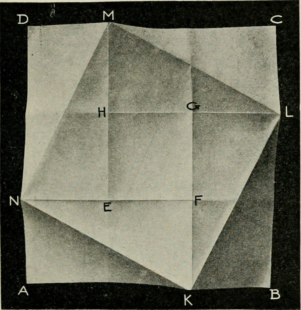 An illustration from T. Sundara Row's geometric exercises in paper folding. Edited and rev. by Wooster Woodruff Beman and David Eugene Smith, 1901, leaf 34