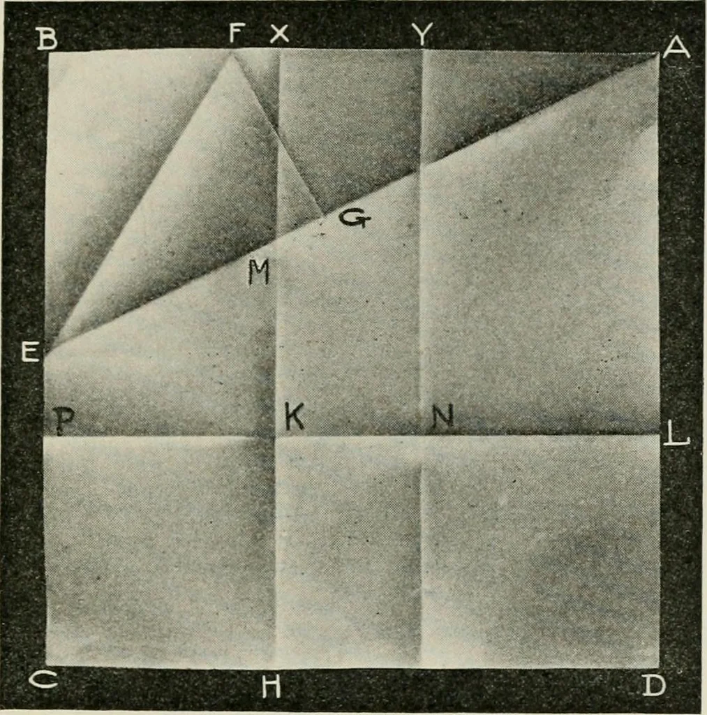 An illustration from T. Sundara Row's geometric exercises in paper folding. Edited and rev. by Wooster Woodruff Beman and David Eugene Smith, 1901, leaf 38