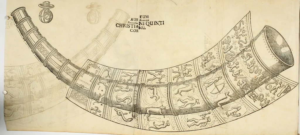 An illustration from Tuba danica, hoc est, Dissertatio theologica de aureo cornu in Cimbriâ invento, qvo, ceu tubâ clangente, Deus Opt. Max. nos, qvi regnum Daniae incolimus, excitat ex infelici securitatis somno ..., 1644, leaf 16