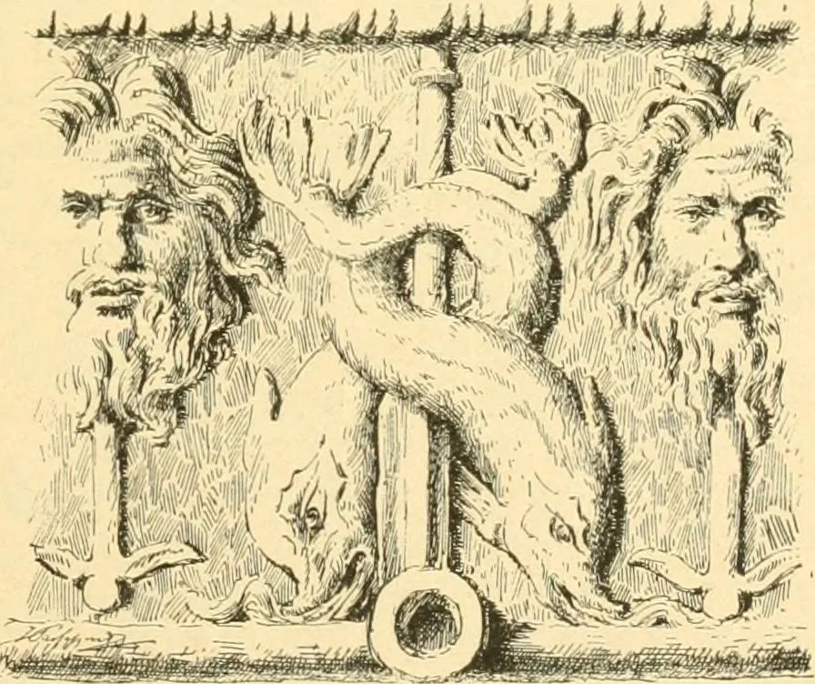 An illustration from Étude des ornements : première partie : dauphins-écailles-bucrânes-grecques-guirlandes-flots grecs, 1896, leaf 28