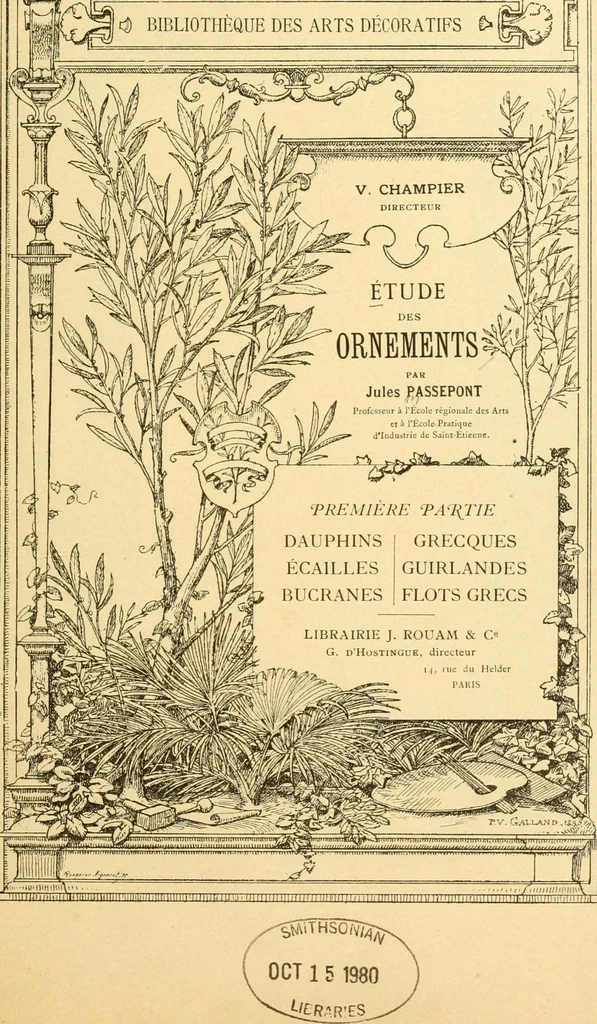 An illustration from Étude des ornements : première partie : dauphins-écailles-bucrânes-grecques-guirlandes-flots grecs, 1896, leaf 8