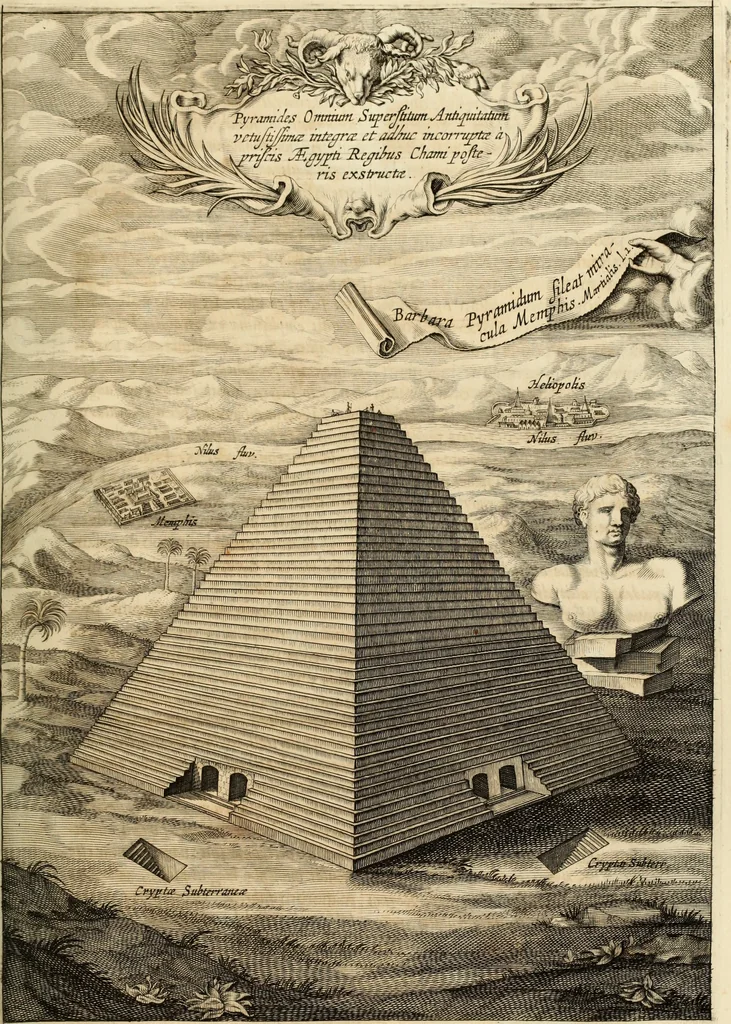 An illustration from Turris Babel, sive Archontologia qua Primo Priscorum post diluvium hominum vita, mores rerumque gestarum magnitudo, Secundo Turris fabrica civitatumque extructio, consusio linguarum, inde gentium transmigrationis..., 1679, leaf 104
