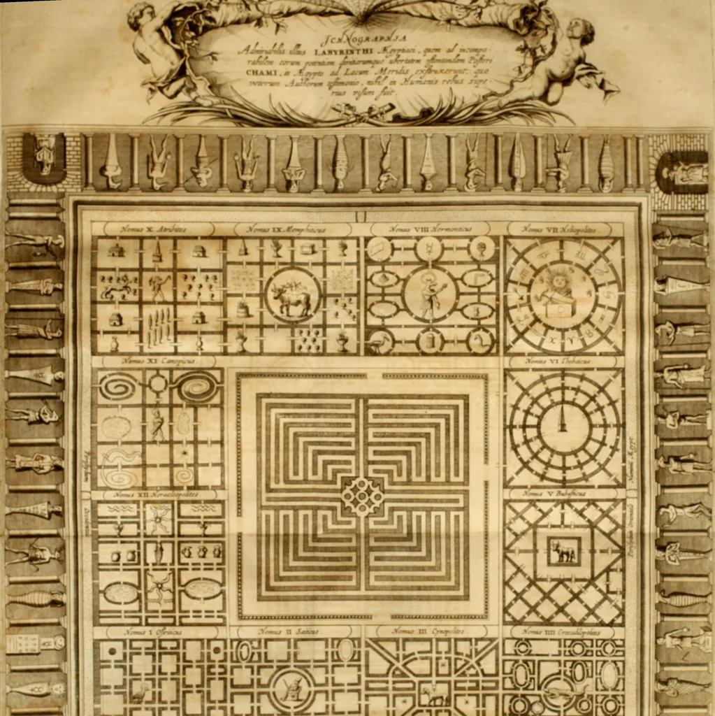 An illustration from Turris Babel, sive Archontologia qua Primo Priscorum post diluvium hominum vita, mores rerumque gestarum magnitudo, Secundo Turris fabrica civitatumque extructio, consusio linguarum, inde gentium transmigrationis..., 1679, leaf 120