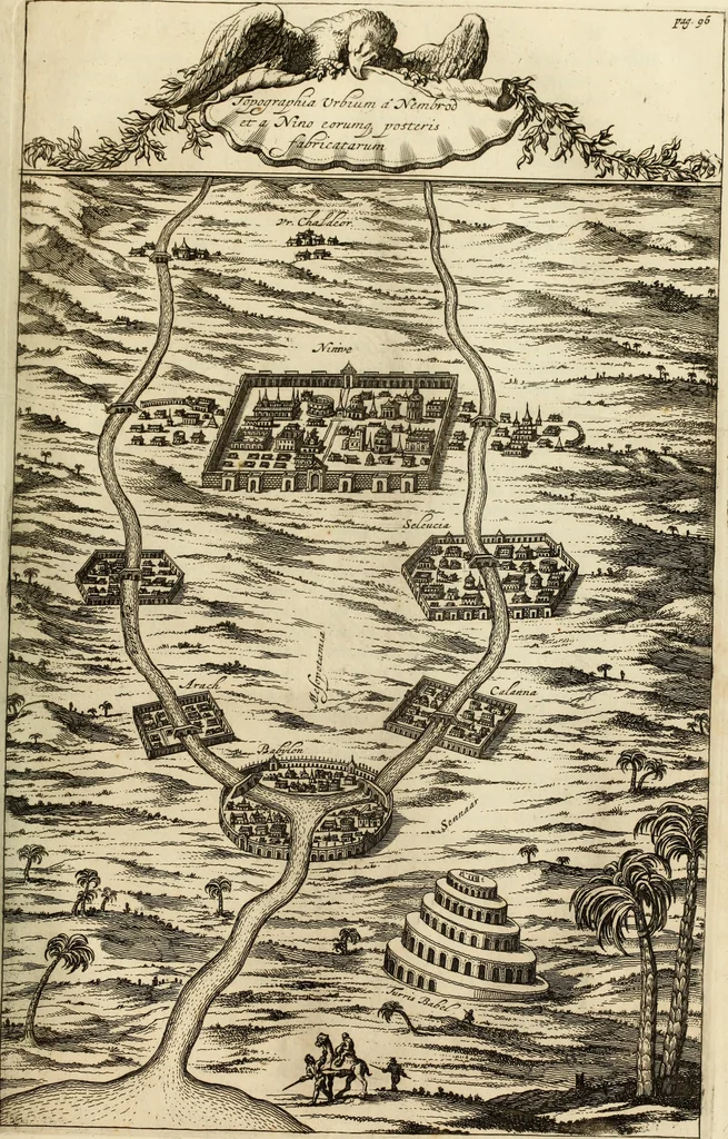An illustration from Turris Babel, sive Archontologia qua Primo Priscorum post diluvium hominum vita, mores rerumque gestarum magnitudo, Secundo Turris fabrica civitatumque extructio, consusio linguarum, inde gentium transmigrationis..., 1679, leaf 144