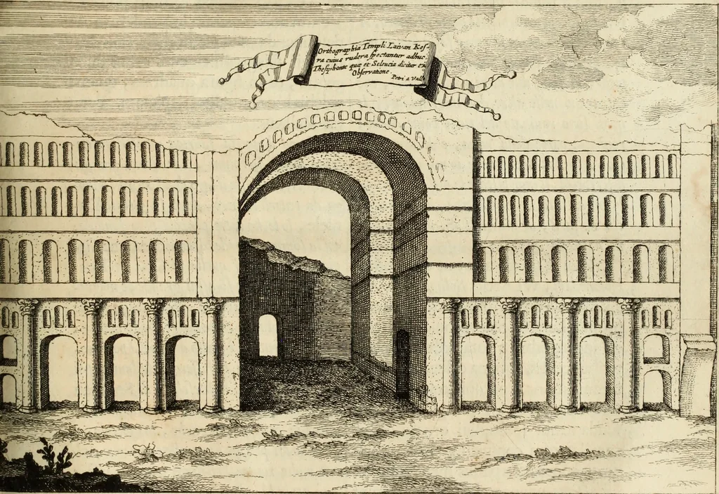 An illustration from Turris Babel, sive Archontologia qua Primo Priscorum post diluvium hominum vita, mores rerumque gestarum magnitudo, Secundo Turris fabrica civitatumque extructio, consusio linguarum, inde gentium transmigrationis..., 1679, leaf 148