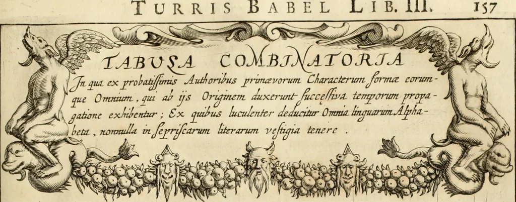 An illustration from Turris Babel, sive Archontologia qua Primo Priscorum post diluvium hominum vita, mores rerumque gestarum magnitudo, Secundo Turris fabrica civitatumque extructio, consusio linguarum, inde gentium transmigrationis..., 1679, leaf 210