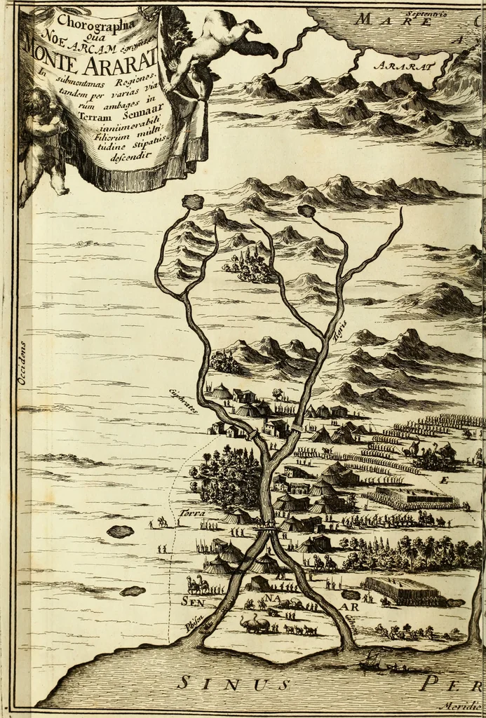 An illustration from Turris Babel, sive Archontologia qua Primo Priscorum post diluvium hominum vita, mores rerumque gestarum magnitudo, Secundo Turris fabrica civitatumque extructio, consusio linguarum, inde gentium transmigrationis..., 1679, leaf 33