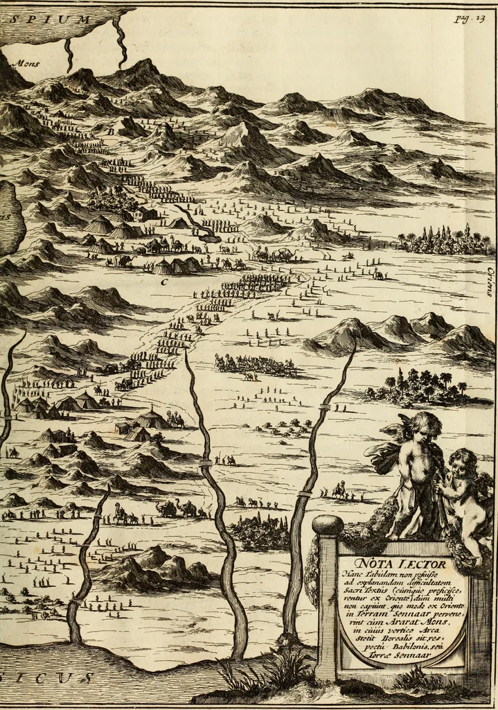 An illustration from Turris Babel, sive Archontologia qua Primo Priscorum post diluvium hominum vita, mores rerumque gestarum magnitudo, Secundo Turris fabrica civitatumque extructio, consusio linguarum, inde gentium transmigrationis..., 1679, leaf 34