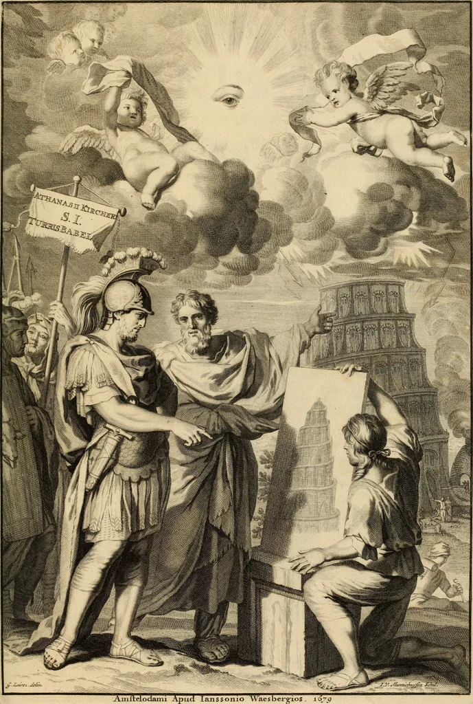 An illustration from Turris Babel, sive Archontologia qua Primo Priscorum post diluvium hominum vita, mores rerumque gestarum magnitudo, Secundo Turris fabrica civitatumque extructio, consusio linguarum, inde gentium transmigrationis..., 1679, leaf 4