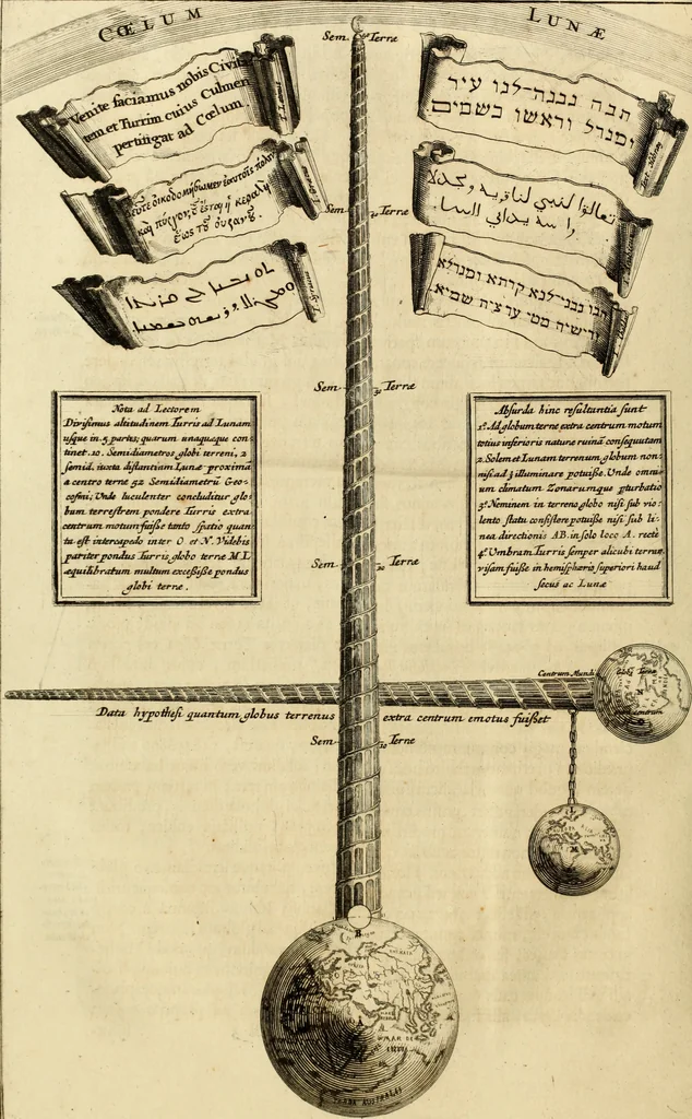 An illustration from Turris Babel, sive Archontologia qua Primo Priscorum post diluvium hominum vita, mores rerumque gestarum magnitudo, Secundo Turris fabrica civitatumque extructio, consusio linguarum, inde gentium transmigrationis..., 1679, leaf 61