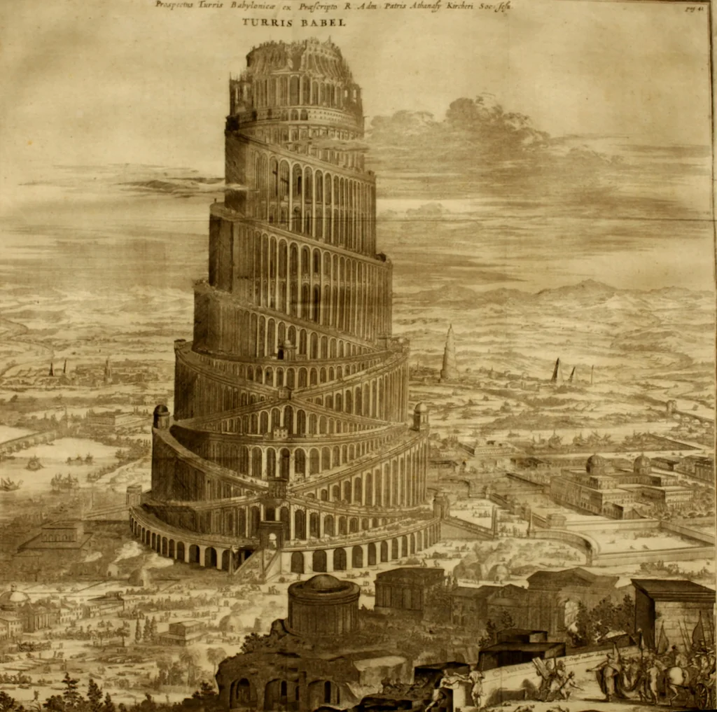 An illustration from Turris Babel, sive Archontologia qua Primo Priscorum post diluvium hominum vita, mores rerumque gestarum magnitudo, Secundo Turris fabrica civitatumque extructio, consusio linguarum, inde gentium transmigrationis..., 1679, leaf 64