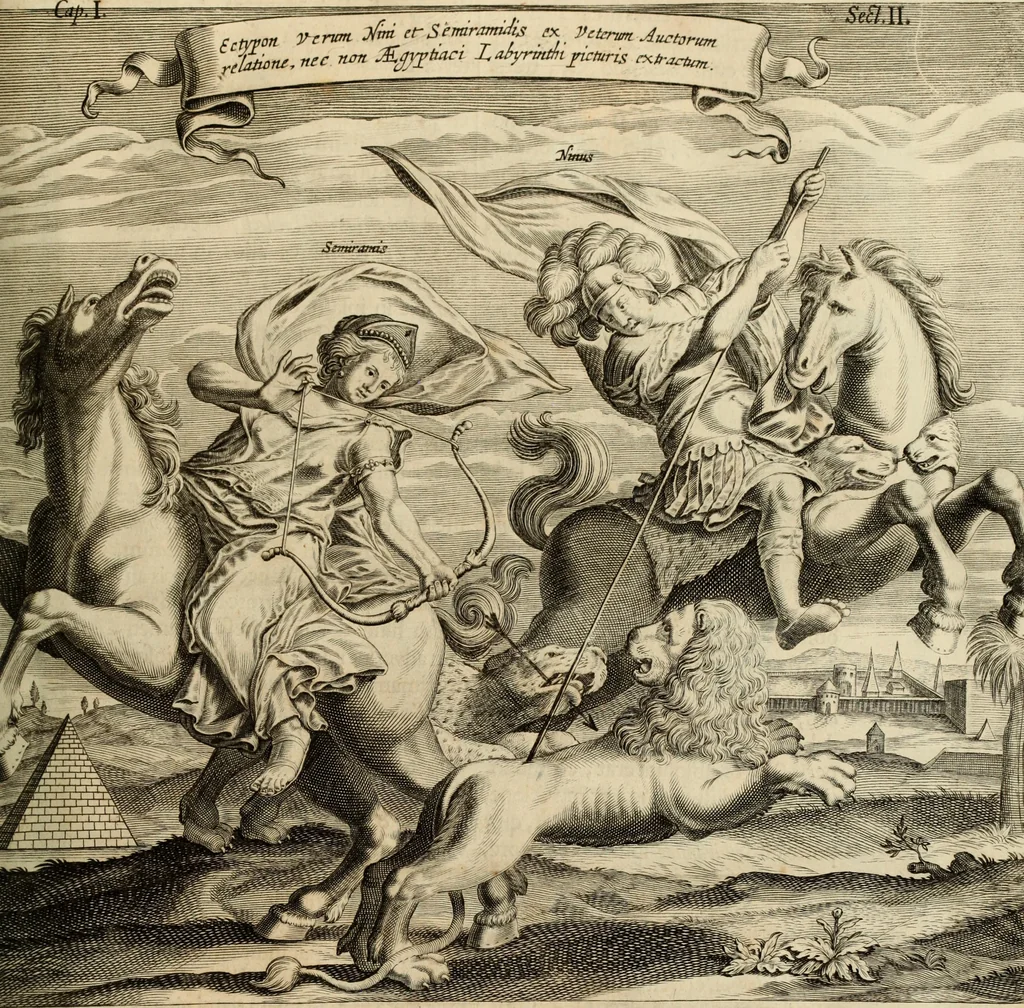 An illustration from Turris Babel, sive Archontologia qua Primo Priscorum post diluvium hominum vita, mores rerumque gestarum magnitudo, Secundo Turris fabrica civitatumque extructio, consusio linguarum, inde gentium transmigrationis..., 1679, leaf 68