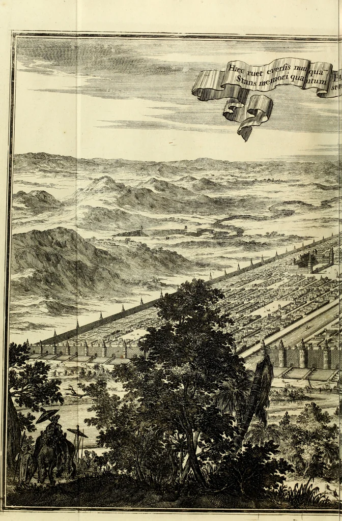 An illustration from Turris Babel, sive Archontologia qua Primo Priscorum post diluvium hominum vita, mores rerumque gestarum magnitudo, Secundo Turris fabrica civitatumque extructio, consusio linguarum, inde gentium transmigrationis..., 1679, leaf 83