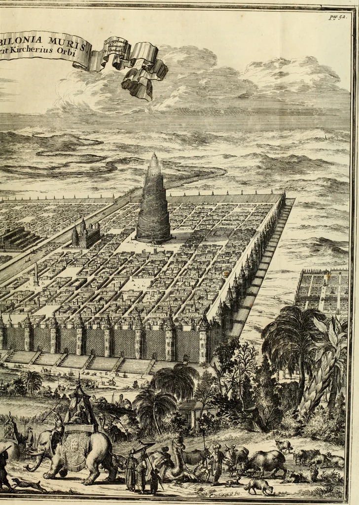 An illustration from Turris Babel, sive Archontologia qua Primo Priscorum post diluvium hominum vita, mores rerumque gestarum magnitudo, Secundo Turris fabrica civitatumque extructio, consusio linguarum, inde gentium transmigrationis..., 1679, leaf 84