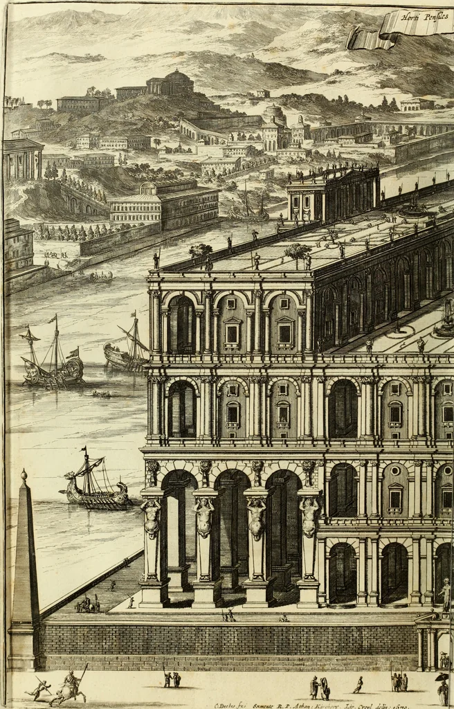 An illustration from Turris Babel, sive Archontologia qua Primo Priscorum post diluvium hominum vita, mores rerumque gestarum magnitudo, Secundo Turris fabrica civitatumque extructio, consusio linguarum, inde gentium transmigrationis..., 1679, leaf 93