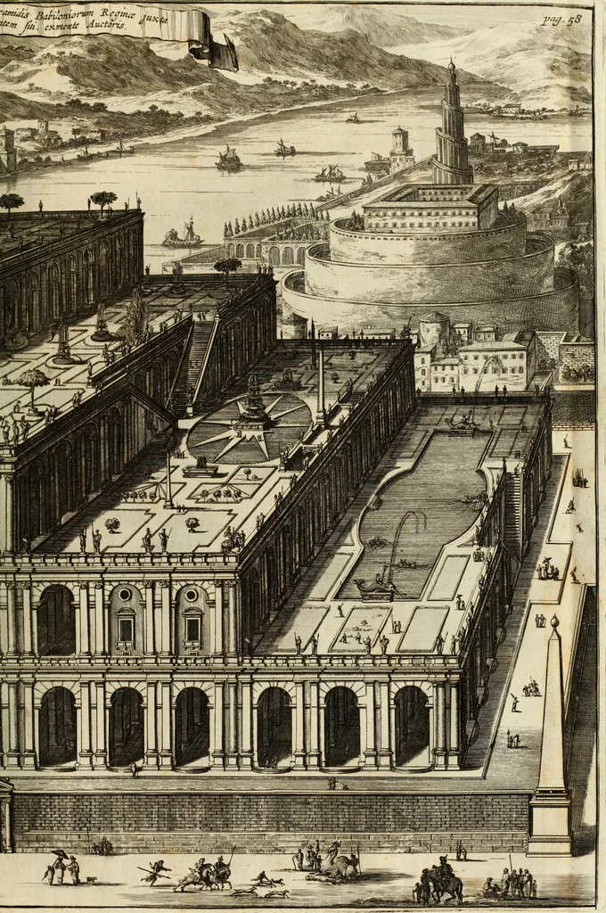 An illustration from Turris Babel, sive Archontologia qua Primo Priscorum post diluvium hominum vita, mores rerumque gestarum magnitudo, Secundo Turris fabrica civitatumque extructio, consusio linguarum, inde gentium transmigrationis..., 1679, leaf 94
