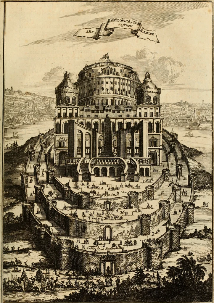 An illustration from Turris Babel, sive Archontologia qua Primo Priscorum post diluvium hominum vita, mores rerumque gestarum magnitudo, Secundo Turris fabrica civitatumque extructio, consusio linguarum, inde gentium transmigrationis..., 1679, leaf 96