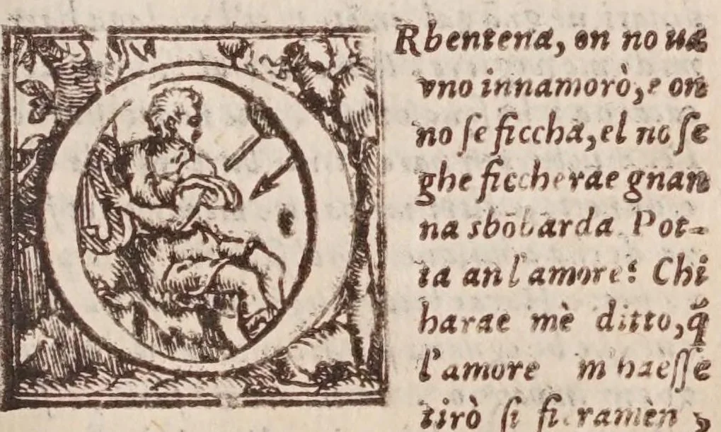 An illustration from [Tutte le opere del famosissimo Ruzante : di nuovo con somma diligenza rivedute, et corrette : et aggiuntovi un sonnetto et una canzone dell'istesso autore .., 1584, leaf 183