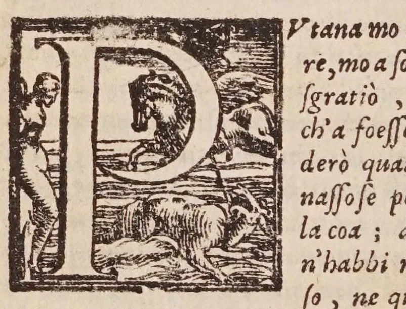 An illustration from [Tutte le opere del famosissimo Ruzante : di nuovo con somma diligenza rivedute, et corrette : et aggiuntovi un sonnetto et una canzone dell'istesso autore .., 1584, leaf 216