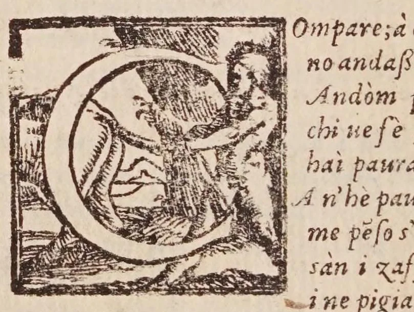 An illustration from [Tutte le opere del famosissimo Ruzante : di nuovo con somma diligenza rivedute, et corrette : et aggiuntovi un sonnetto et una canzone dell'istesso autore .., 1584, leaf 266