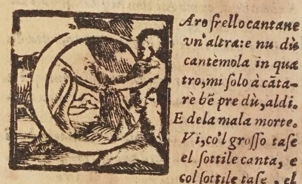 An illustration from [Tutte le opere del famosissimo Ruzante : di nuovo con somma diligenza rivedute, et corrette : et aggiuntovi un sonnetto et una canzone dell'istesso autore .., 1584, leaf 354