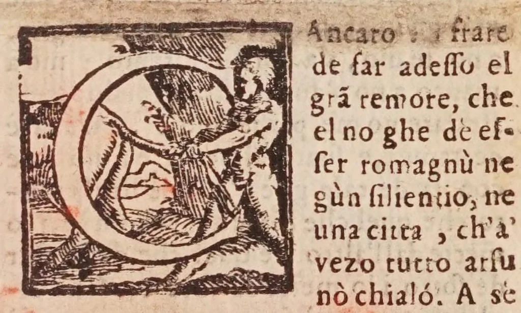 An illustration from [Tutte le opere del famosissimo Ruzante : di nuovo con somma diligenza rivedute, et corrette : et aggiuntovi un sonnetto et una canzone dell'istesso autore .., 1584, leaf 369