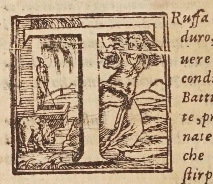 An illustration from [Tutte le opere del famosissimo Ruzante : di nuovo con somma diligenza rivedute, et corrette : et aggiuntovi un sonnetto et una canzone dell'istesso autore .., 1584, leaf 586