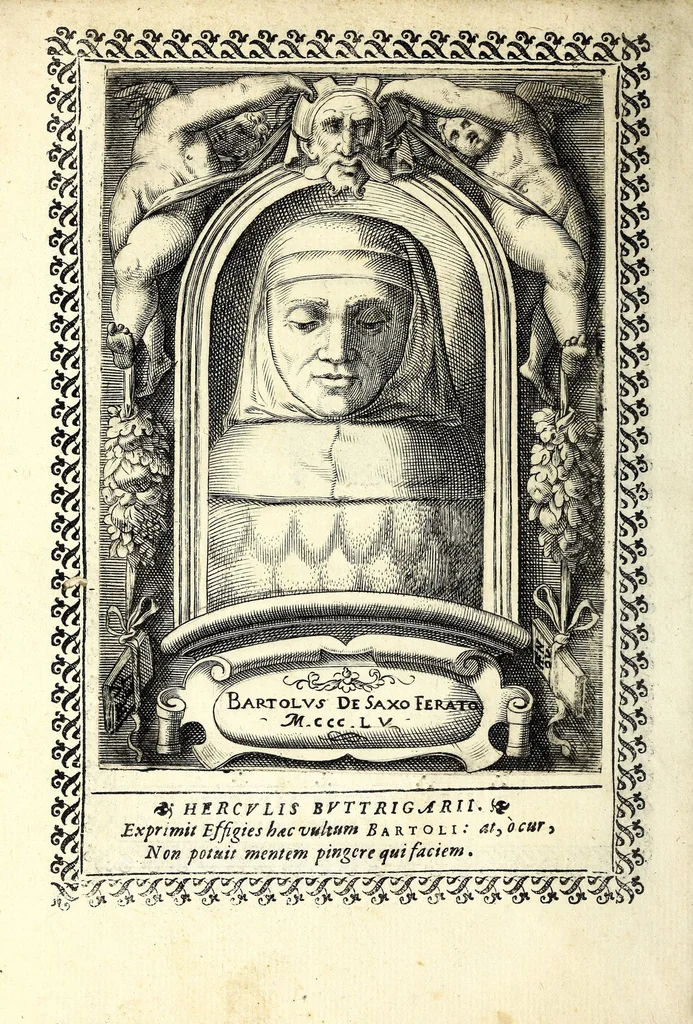 An illustration from Tyberiadis : D. Bartoli de Saxoferrato, ivrisconsultorvm omnivm facilè principis, tractatus de fluminibus tripertitus, 1576, leaf 10