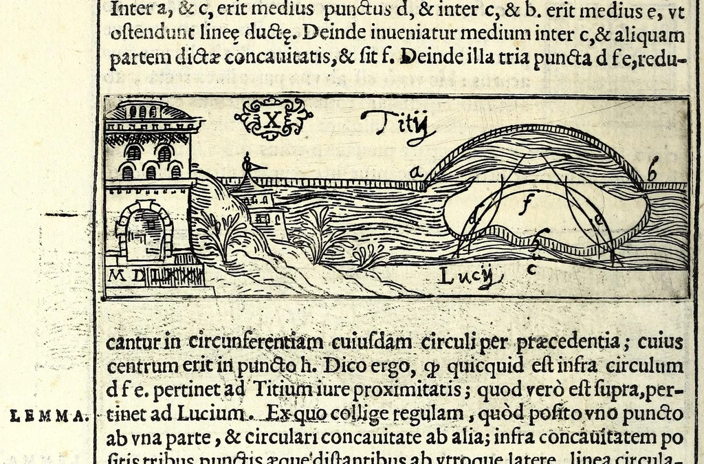 An illustration from Tyberiadis : D. Bartoli de Saxoferrato, ivrisconsultorvm omnivm facilè principis, tractatus de fluminibus tripertitus, 1576, leaf 106