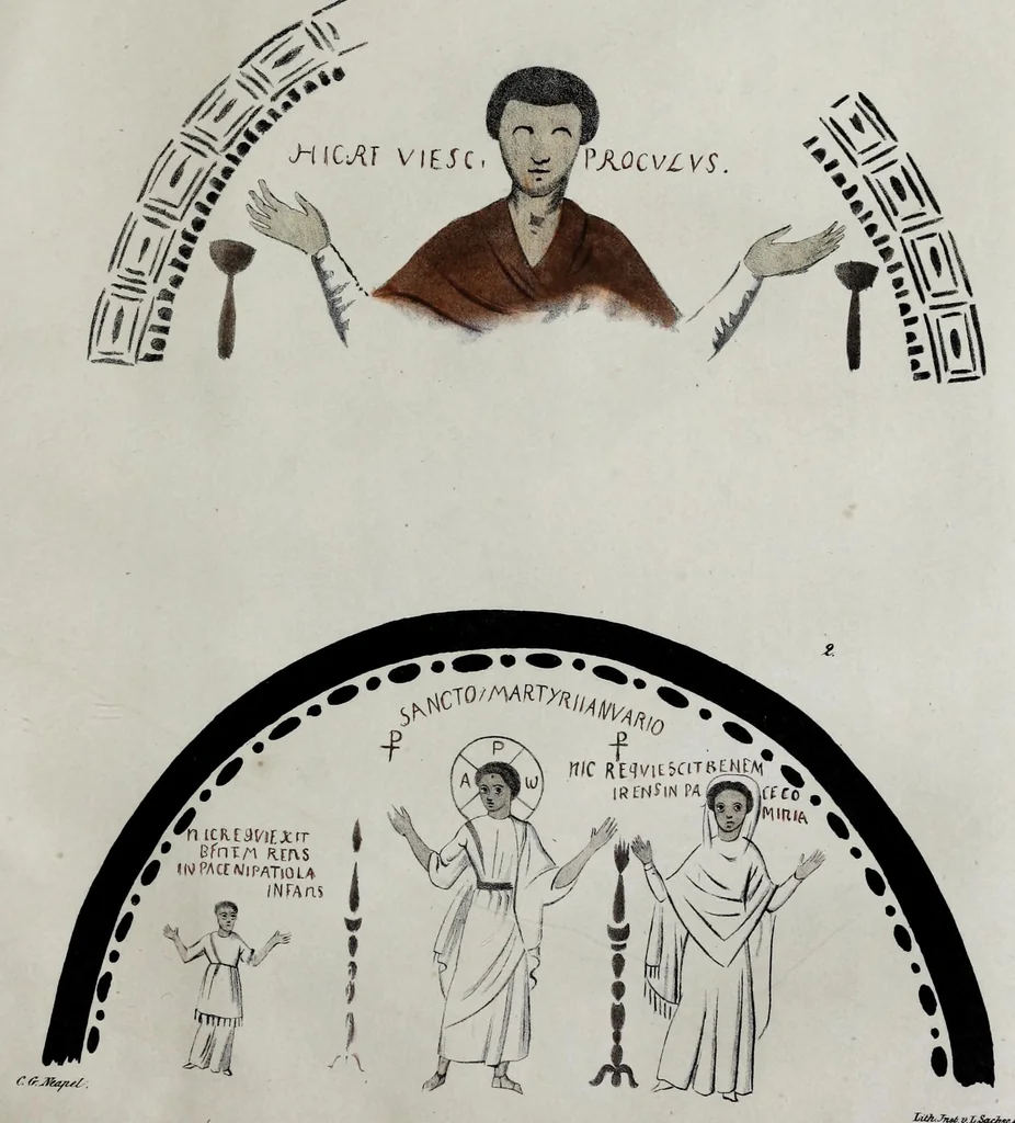 An illustration from Über die ältesten christlichen Begräbnissstätten und besonders die Katakomben zu Neapel mit ihren Wandgemälden : Ein Beitrag zur christlichen Alterthumskunde, 1839, leaf 157