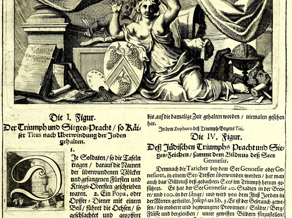 An illustration from Übrig gebliebene Merckzeichen von den römischen Antiquitäten und der Bild-Hauer-Kunst der Alten in Basso-relievo, nach den Marmolsteinern Originalien, so zu Rom in den Triumphbögen und alterfallenen Gebäuen, ingleichen im Capitolio, Palatien und Lustgärten groser Herren anzutreffen sind und viel herrliche zur Erläuterung der Röm: Historie, wie auch der Sitten und Gebräuche der Alten gehörige Sache[n] vor Augen stellen, nach ihrer eigentlichen Vollkommenheit in LXXX grossen Figuren, 1642, leaf 11