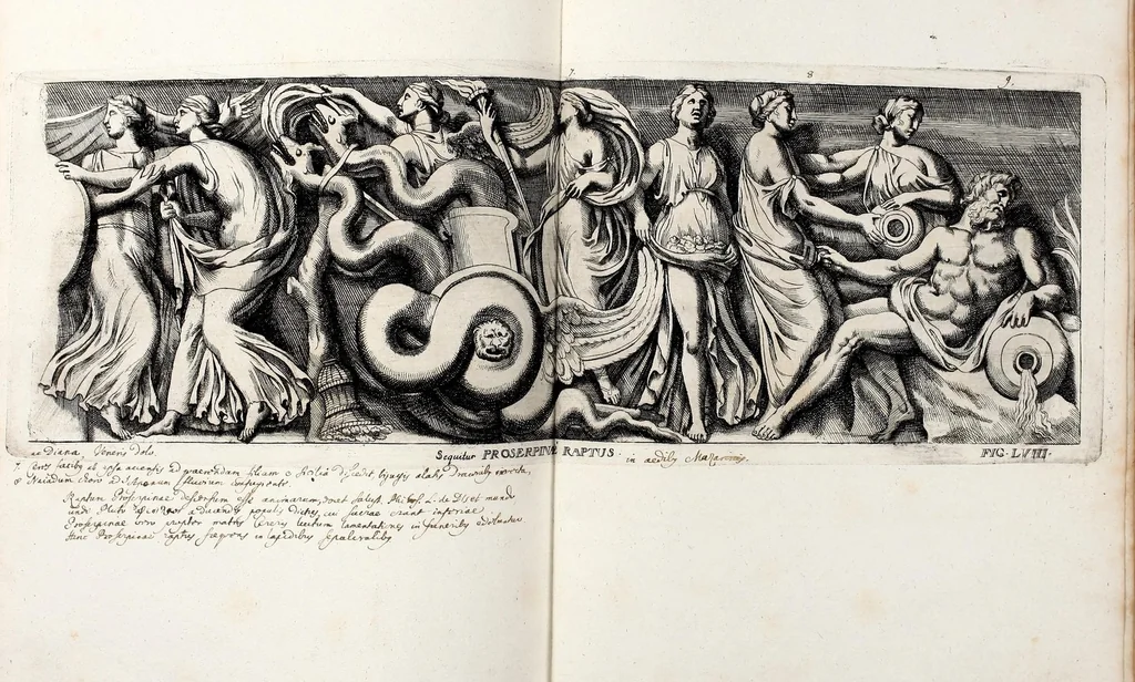 An illustration from Übrig gebliebene Merckzeichen von den römischen Antiquitäten und der Bild-Hauer-Kunst der Alten in Basso-relievo, nach den Marmolsteinern Originalien, so zu Rom in den Triumphbögen und alterfallenen Gebäuen, ingleichen im Capitolio, Palatien und Lustgärten groser Herren anzutreffen sind und viel herrliche zur Erläuterung der Röm: Historie, wie auch der Sitten und Gebräuche der Alten gehörige Sache[n] vor Augen stellen, nach ihrer eigentlichen Vollkommenheit in LXXX grossen Figuren, 1642, leaf 133