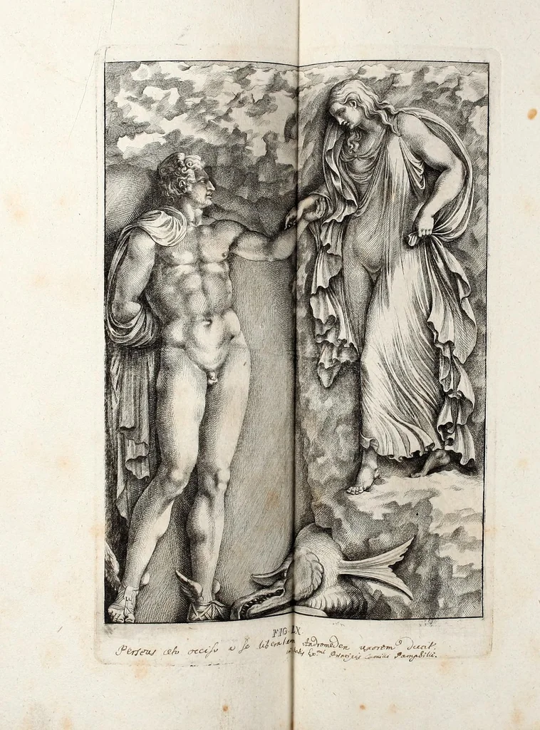 An illustration from Übrig gebliebene Merckzeichen von den römischen Antiquitäten und der Bild-Hauer-Kunst der Alten in Basso-relievo, nach den Marmolsteinern Originalien, so zu Rom in den Triumphbögen und alterfallenen Gebäuen, ingleichen im Capitolio, Palatien und Lustgärten groser Herren anzutreffen sind und viel herrliche zur Erläuterung der Röm: Historie, wie auch der Sitten und Gebräuche der Alten gehörige Sache[n] vor Augen stellen, nach ihrer eigentlichen Vollkommenheit in LXXX grossen Figuren, 1642, leaf 137
