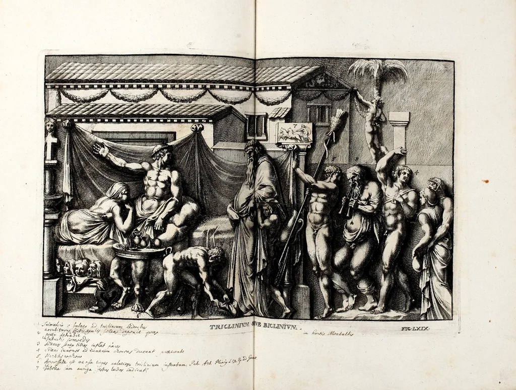 An illustration from Übrig gebliebene Merckzeichen von den römischen Antiquitäten und der Bild-Hauer-Kunst der Alten in Basso-relievo, nach den Marmolsteinern Originalien, so zu Rom in den Triumphbögen und alterfallenen Gebäuen, ingleichen im Capitolio, Palatien und Lustgärten groser Herren anzutreffen sind und viel herrliche zur Erläuterung der Röm: Historie, wie auch der Sitten und Gebräuche der Alten gehörige Sache[n] vor Augen stellen, nach ihrer eigentlichen Vollkommenheit in LXXX grossen Figuren, 1642, leaf 155