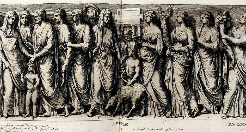 An illustration from Übrig gebliebene Merckzeichen von den römischen Antiquitäten und der Bild-Hauer-Kunst der Alten in Basso-relievo, nach den Marmolsteinern Originalien, so zu Rom in den Triumphbögen und alterfallenen Gebäuen, ingleichen im Capitolio, Palatien und Lustgärten groser Herren anzutreffen sind und viel herrliche zur Erläuterung der Röm: Historie, wie auch der Sitten und Gebräuche der Alten gehörige Sache[n] vor Augen stellen, nach ihrer eigentlichen Vollkommenheit in LXXX grossen Figuren, 1642, leaf 157