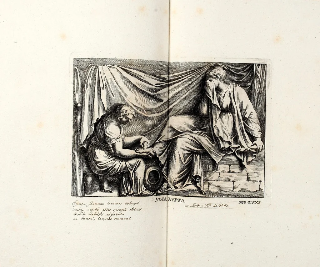 An illustration from Übrig gebliebene Merckzeichen von den römischen Antiquitäten und der Bild-Hauer-Kunst der Alten in Basso-relievo, nach den Marmolsteinern Originalien, so zu Rom in den Triumphbögen und alterfallenen Gebäuen, ingleichen im Capitolio, Palatien und Lustgärten groser Herren anzutreffen sind und viel herrliche zur Erläuterung der Röm: Historie, wie auch der Sitten und Gebräuche der Alten gehörige Sache[n] vor Augen stellen, nach ihrer eigentlichen Vollkommenheit in LXXX grossen Figuren, 1642, leaf 159