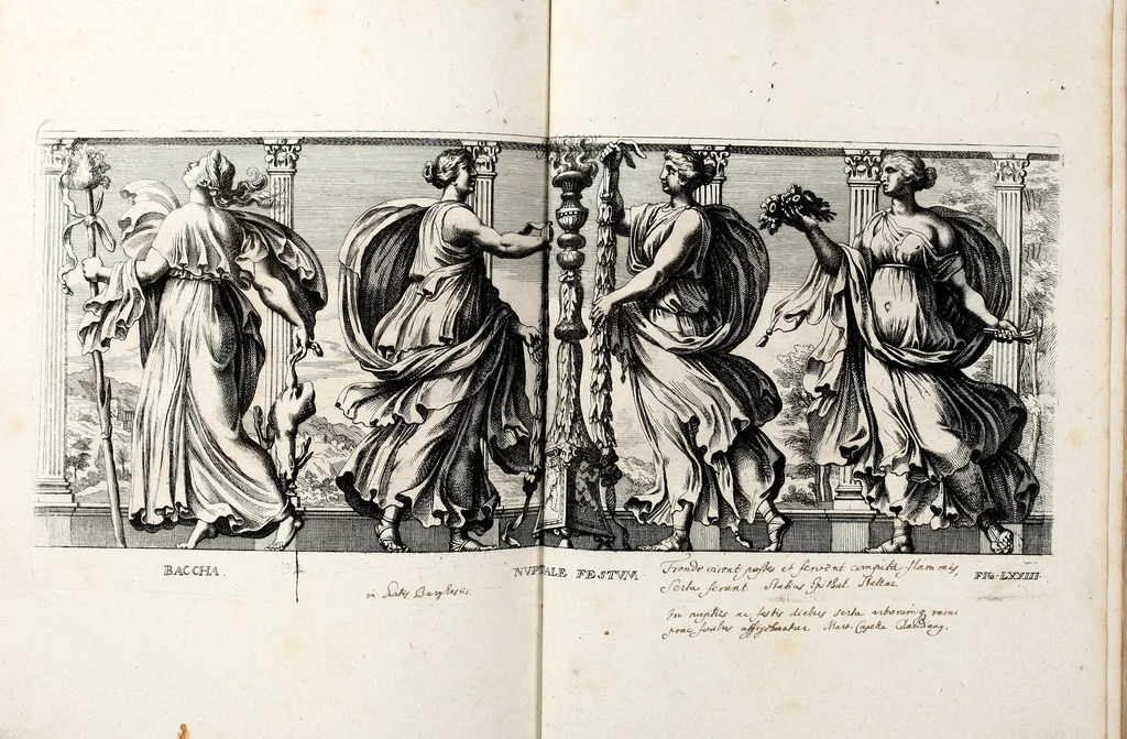 An illustration from Übrig gebliebene Merckzeichen von den römischen Antiquitäten und der Bild-Hauer-Kunst der Alten in Basso-relievo, nach den Marmolsteinern Originalien, so zu Rom in den Triumphbögen und alterfallenen Gebäuen, ingleichen im Capitolio, Palatien und Lustgärten groser Herren anzutreffen sind und viel herrliche zur Erläuterung der Röm: Historie, wie auch der Sitten und Gebräuche der Alten gehörige Sache[n] vor Augen stellen, nach ihrer eigentlichen Vollkommenheit in LXXX grossen Figuren, 1642, leaf 163
