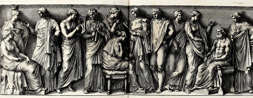 An illustration from Übrig gebliebene Merckzeichen von den römischen Antiquitäten und der Bild-Hauer-Kunst der Alten in Basso-relievo, nach den Marmolsteinern Originalien, so zu Rom in den Triumphbögen und alterfallenen Gebäuen, ingleichen im Capitolio, Palatien und Lustgärten groser Herren anzutreffen sind und viel herrliche zur Erläuterung der Röm: Historie, wie auch der Sitten und Gebräuche der Alten gehörige Sache[n] vor Augen stellen, nach ihrer eigentlichen Vollkommenheit in LXXX grossen Figuren, 1642, leaf 165