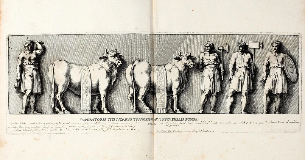 An illustration from Übrig gebliebene Merckzeichen von den römischen Antiquitäten und der Bild-Hauer-Kunst der Alten in Basso-relievo, nach den Marmolsteinern Originalien, so zu Rom in den Triumphbögen und alterfallenen Gebäuen, ingleichen im Capitolio, Palatien und Lustgärten groser Herren anzutreffen sind und viel herrliche zur Erläuterung der Röm: Historie, wie auch der Sitten und Gebräuche der Alten gehörige Sache[n] vor Augen stellen, nach ihrer eigentlichen Vollkommenheit in LXXX grossen Figuren, 1642, leaf 19