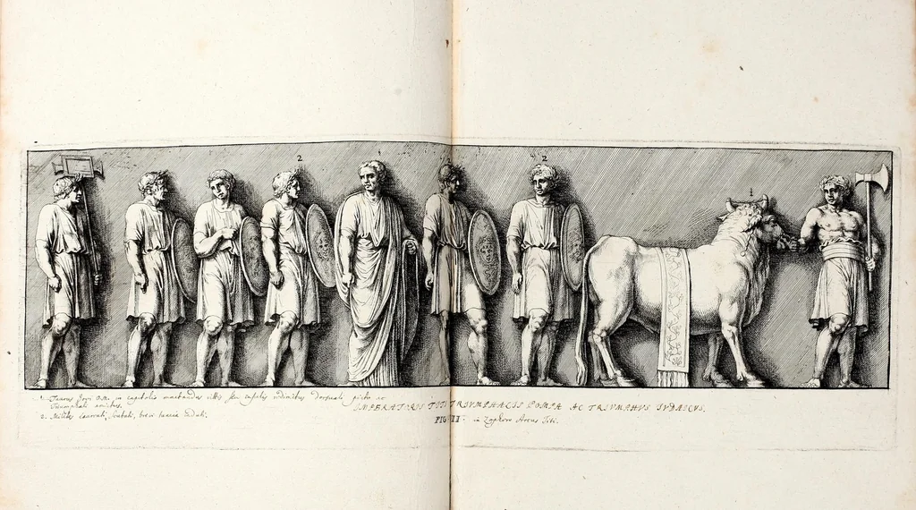 An illustration from Übrig gebliebene Merckzeichen von den römischen Antiquitäten und der Bild-Hauer-Kunst der Alten in Basso-relievo, nach den Marmolsteinern Originalien, so zu Rom in den Triumphbögen und alterfallenen Gebäuen, ingleichen im Capitolio, Palatien und Lustgärten groser Herren anzutreffen sind und viel herrliche zur Erläuterung der Röm: Historie, wie auch der Sitten und Gebräuche der Alten gehörige Sache[n] vor Augen stellen, nach ihrer eigentlichen Vollkommenheit in LXXX grossen Figuren, 1642, leaf 21