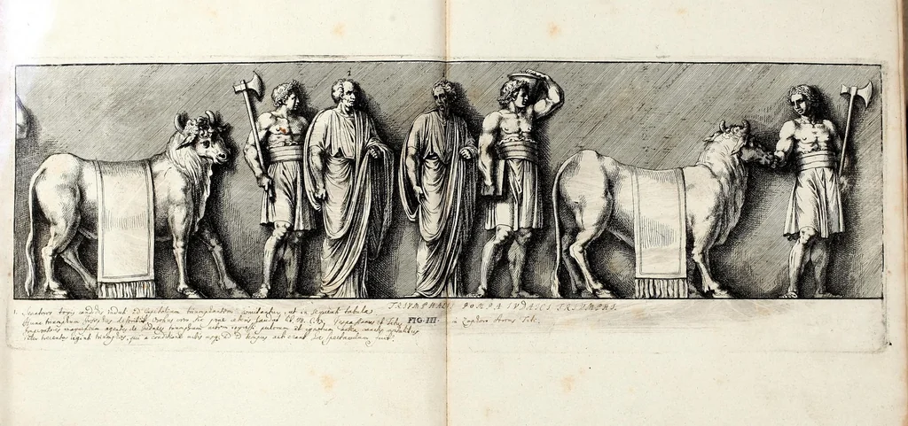 An illustration from Übrig gebliebene Merckzeichen von den römischen Antiquitäten und der Bild-Hauer-Kunst der Alten in Basso-relievo, nach den Marmolsteinern Originalien, so zu Rom in den Triumphbögen und alterfallenen Gebäuen, ingleichen im Capitolio, Palatien und Lustgärten groser Herren anzutreffen sind und viel herrliche zur Erläuterung der Röm: Historie, wie auch der Sitten und Gebräuche der Alten gehörige Sache[n] vor Augen stellen, nach ihrer eigentlichen Vollkommenheit in LXXX grossen Figuren, 1642, leaf 23