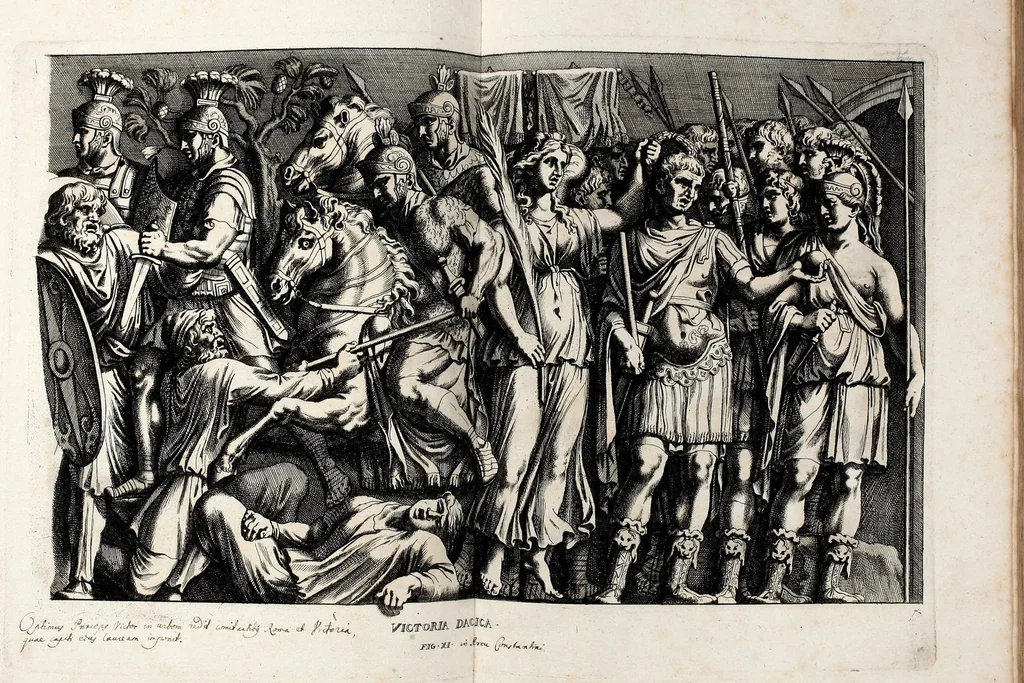 An illustration from Übrig gebliebene Merckzeichen von den römischen Antiquitäten und der Bild-Hauer-Kunst der Alten in Basso-relievo, nach den Marmolsteinern Originalien, so zu Rom in den Triumphbögen und alterfallenen Gebäuen, ingleichen im Capitolio, Palatien und Lustgärten groser Herren anzutreffen sind und viel herrliche zur Erläuterung der Röm: Historie, wie auch der Sitten und Gebräuche der Alten gehörige Sache[n] vor Augen stellen, nach ihrer eigentlichen Vollkommenheit in LXXX grossen Figuren, 1642, leaf 39