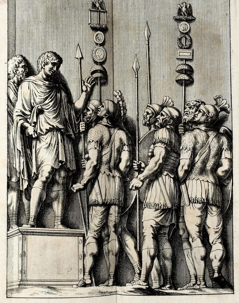 An illustration from Übrig gebliebene Merckzeichen von den römischen Antiquitäten und der Bild-Hauer-Kunst der Alten in Basso-relievo, nach den Marmolsteinern Originalien, so zu Rom in den Triumphbögen und alterfallenen Gebäuen, ingleichen im Capitolio, Palatien und Lustgärten groser Herren anzutreffen sind und viel herrliche zur Erläuterung der Röm: Historie, wie auch der Sitten und Gebräuche der Alten gehörige Sache[n] vor Augen stellen, nach ihrer eigentlichen Vollkommenheit in LXXX grossen Figuren, 1642, leaf 41