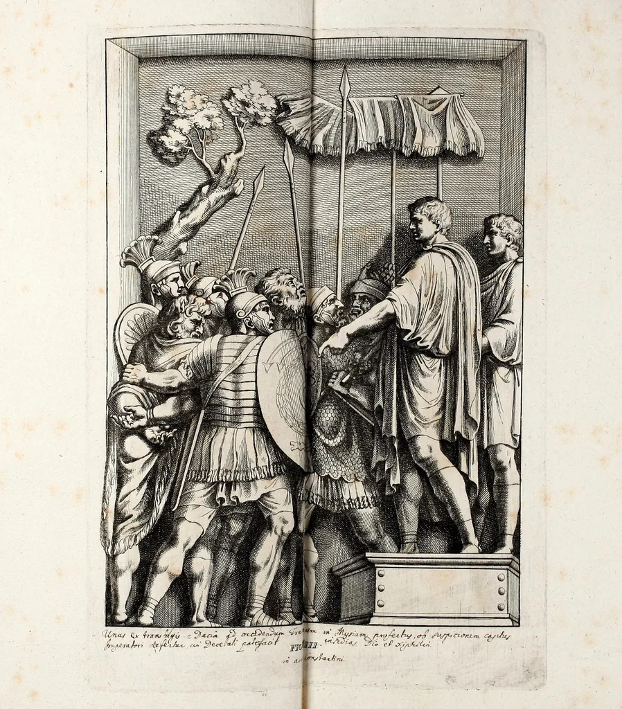 An illustration from Übrig gebliebene Merckzeichen von den römischen Antiquitäten und der Bild-Hauer-Kunst der Alten in Basso-relievo, nach den Marmolsteinern Originalien, so zu Rom in den Triumphbögen und alterfallenen Gebäuen, ingleichen im Capitolio, Palatien und Lustgärten groser Herren anzutreffen sind und viel herrliche zur Erläuterung der Röm: Historie, wie auch der Sitten und Gebräuche der Alten gehörige Sache[n] vor Augen stellen, nach ihrer eigentlichen Vollkommenheit in LXXX grossen Figuren, 1642, leaf 43