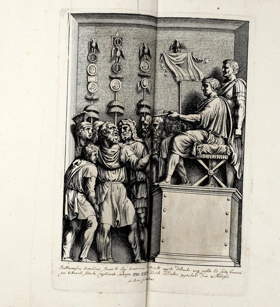 An illustration from Übrig gebliebene Merckzeichen von den römischen Antiquitäten und der Bild-Hauer-Kunst der Alten in Basso-relievo, nach den Marmolsteinern Originalien, so zu Rom in den Triumphbögen und alterfallenen Gebäuen, ingleichen im Capitolio, Palatien und Lustgärten groser Herren anzutreffen sind und viel herrliche zur Erläuterung der Röm: Historie, wie auch der Sitten und Gebräuche der Alten gehörige Sache[n] vor Augen stellen, nach ihrer eigentlichen Vollkommenheit in LXXX grossen Figuren, 1642, leaf 45