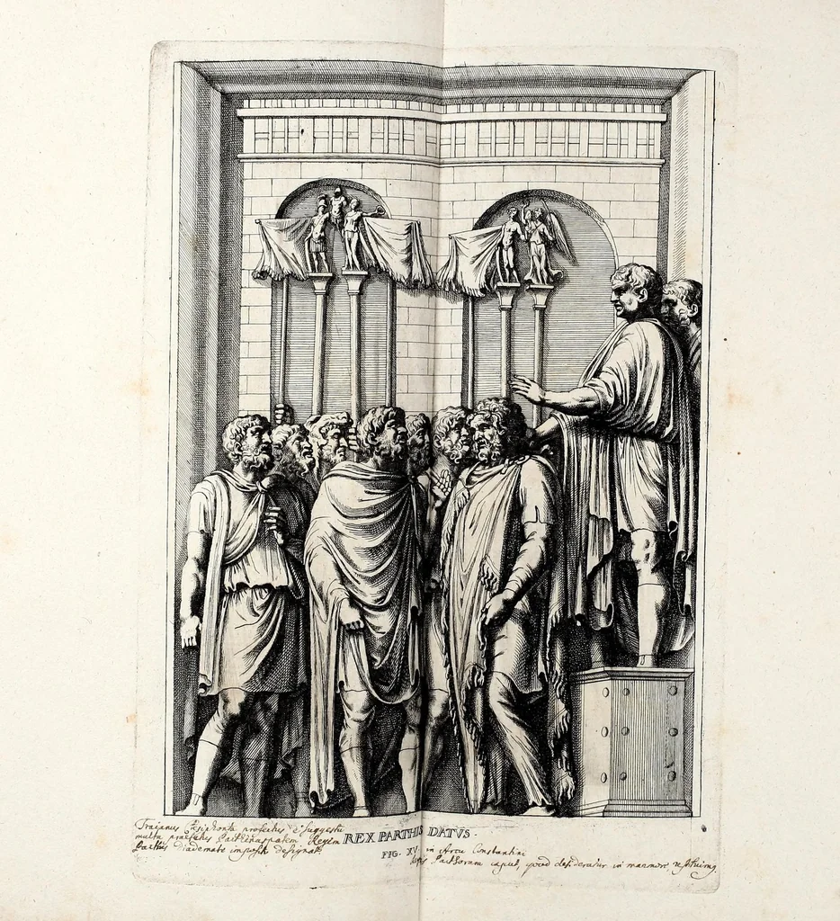 An illustration from Übrig gebliebene Merckzeichen von den römischen Antiquitäten und der Bild-Hauer-Kunst der Alten in Basso-relievo, nach den Marmolsteinern Originalien, so zu Rom in den Triumphbögen und alterfallenen Gebäuen, ingleichen im Capitolio, Palatien und Lustgärten groser Herren anzutreffen sind und viel herrliche zur Erläuterung der Röm: Historie, wie auch der Sitten und Gebräuche der Alten gehörige Sache[n] vor Augen stellen, nach ihrer eigentlichen Vollkommenheit in LXXX grossen Figuren, 1642, leaf 47