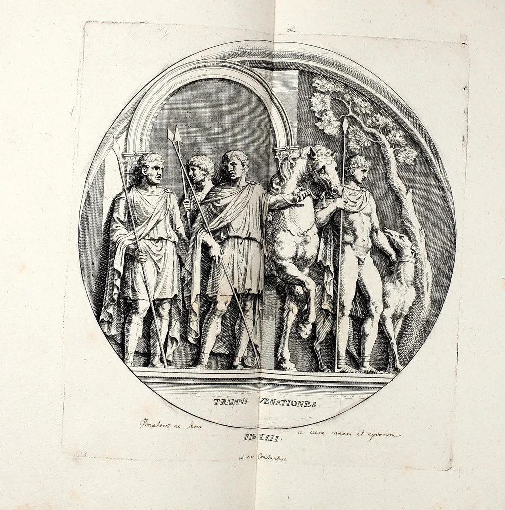 An illustration from Übrig gebliebene Merckzeichen von den römischen Antiquitäten und der Bild-Hauer-Kunst der Alten in Basso-relievo, nach den Marmolsteinern Originalien, so zu Rom in den Triumphbögen und alterfallenen Gebäuen, ingleichen im Capitolio, Palatien und Lustgärten groser Herren anzutreffen sind und viel herrliche zur Erläuterung der Röm: Historie, wie auch der Sitten und Gebräuche der Alten gehörige Sache[n] vor Augen stellen, nach ihrer eigentlichen Vollkommenheit in LXXX grossen Figuren, 1642, leaf 61